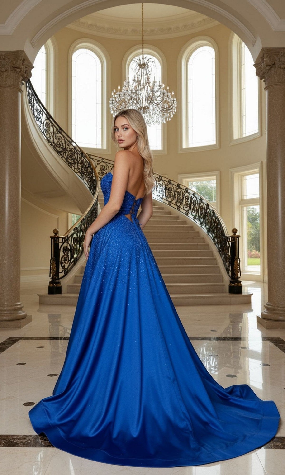 A woman wearing the Long Prom Dress: Poly USA 25130, a strapless satin gown with a sweetheart neckline, stands on a marble floor before a grand staircase under a sparkling chandelier.